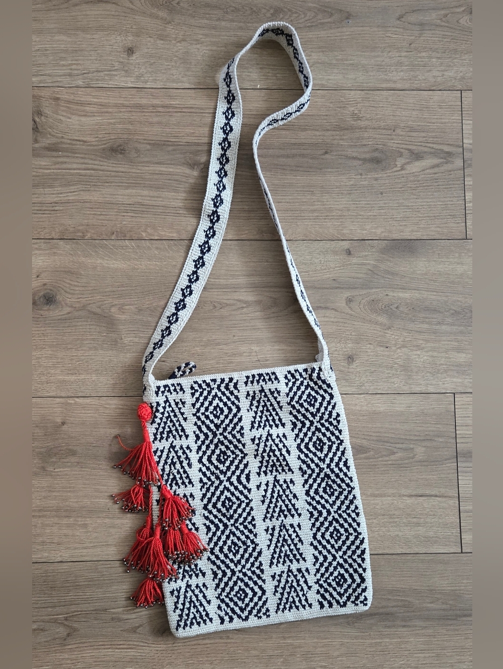 Peruvian  Connection Handwoven Black & White Crossbody Bag with Red Tassels